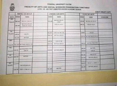 FUDUTSE first semester examination timetable, 2022/2023 session