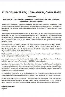 Elizade University gets NUC's approval for postgraduate programmes and 3 undergraduate programmes