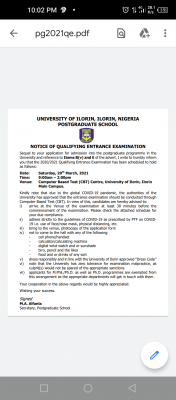 UNILORIN postgraduate qualifying exam date and details for 2020/2021 session