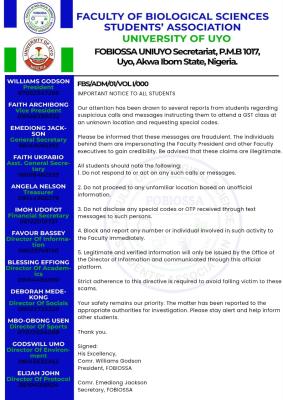 UNIUYO Faculty of Biological Sciences Students’ Association fraud alert notice to students