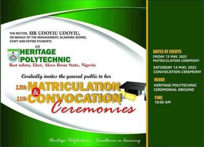 Heritage Polytechnic announces 13th matriculation & 11th convocation ceremony
