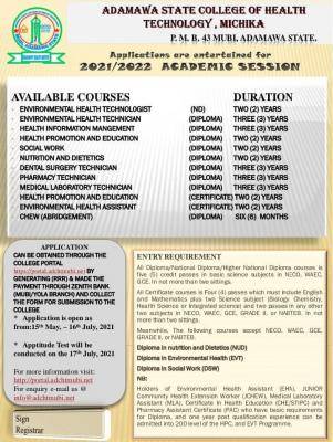 Adamawa State College of Health Technology admission forms, 2021/2022