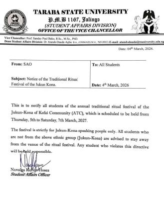 TASU notice to students on Traditional festival