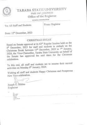Taraba State University notice on Christmas break