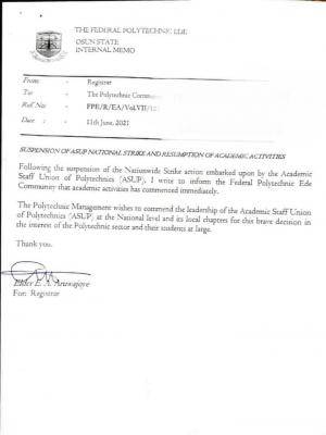 Fedpoly Ede announces resumption of academic activities