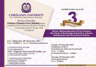 Chrisland University announces 3rd Convocation Ceremony