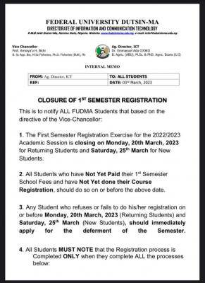 FUDUTSINMA notice on closure of 1st semester registration