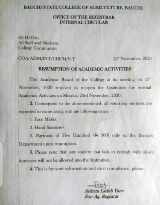 Bauchi State College of Agriculture resumption notice