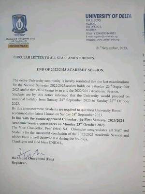 UNIDEL Notice On End Of 2022/2023 Session - Myschool