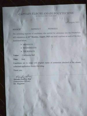 Captain Elechi Amadi Poly notice of screening exercise