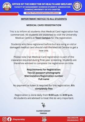 UNIUYO Faculty of Management Sciences notice on Medical Card Registration