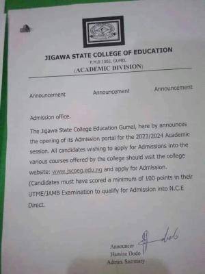 Jigawa State College of Education announces sales of admission forms