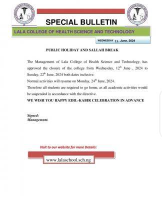 Lala College of Health Tech, Gusau announces public holiday & Sallah break
