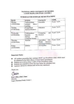 NOUN Lagos Mainland Study Centre 1 Seminar Schedule