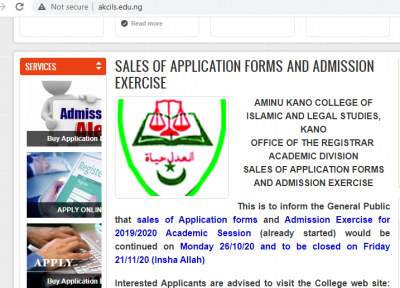 Aminu Kano College of Islamic and Legal Studies, Kano 2019/2020 admission still ongoing