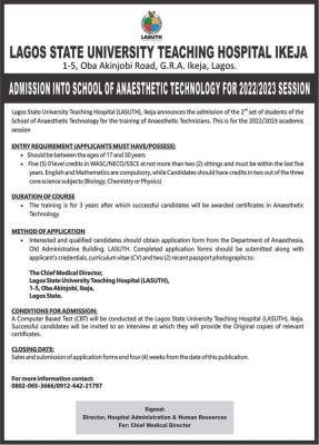 LASUTH 2nd set admission into School of Anaesthetic Technology, 2022/2023 session