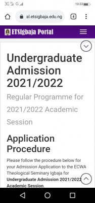 ECWA Theological Seminary, Igbaja admission, 2021/2022 session
