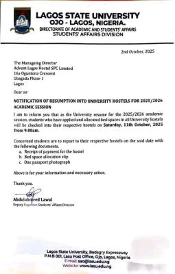 LASU notice on hostel check-in for commencement of 2025/2026 session