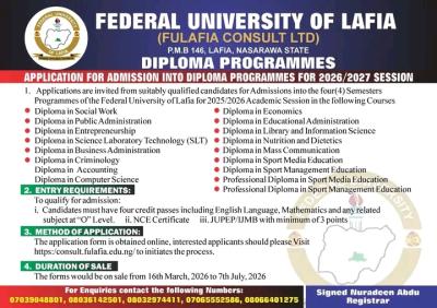 FULAFIA announces admission into Diploma Programmes, 2026/2027