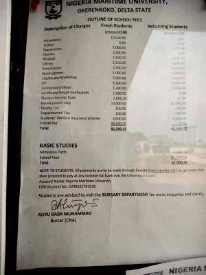 Nigerian Maritime University school fees schedule for 2020/2021 session