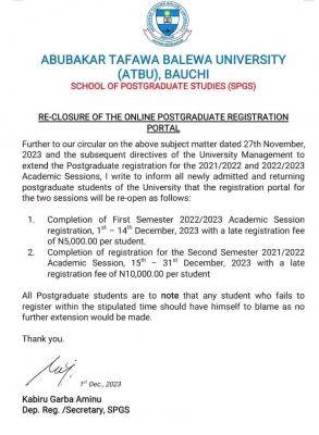 ATBU School of Postgraduate notice on extension of registration