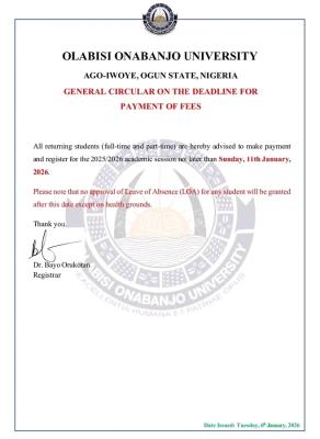 OOU notice to students on deadline for payment of fees, 2025/2026