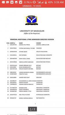 UNIMAID Additional remedial admission list for 2020/2021 session
