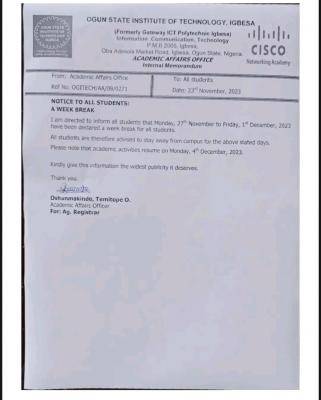 OGITECH notice of a week break to all students