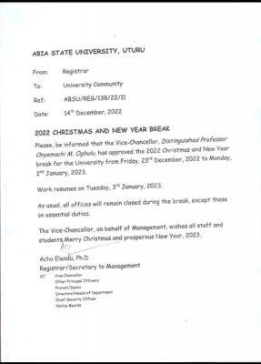 ABSU announces Christmas and New Year Break