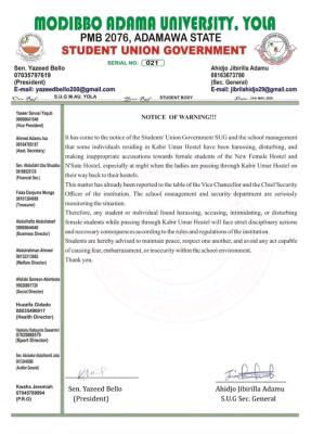 MAUTECH SUG issues stern warning over harassment of female students