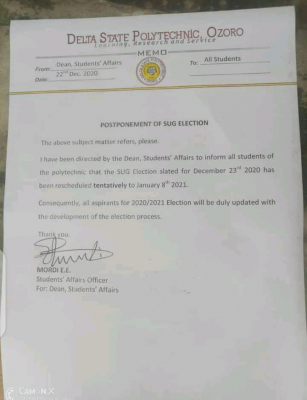 Delta State Polytechnic Ozoro reschedules SUG election