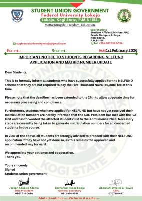 FULOKOJA SUG update on NELFUND application & matriculation number allocation