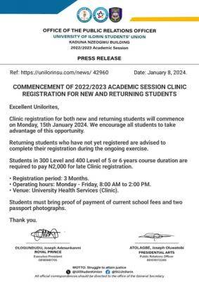 UNILORIN SUG notice on clinical registration for new and returning students, 2022/2023 session