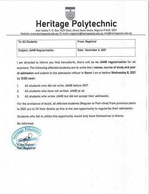 Heritage Polytechnic notice to students on JAMB Regularization