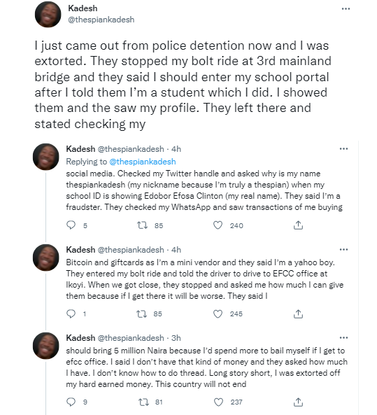 Student recounts his ordeal with policemen who extorted him for not using his birth name as twitter username