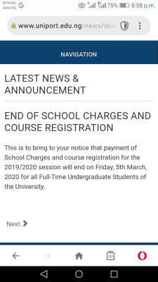 UNIPORT notice on end of school charges and course registration, 2019/2020