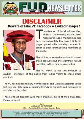 FUD disclaimer notice regarding fake VC's Facebook and LinkedIn accounts