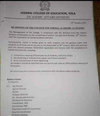 FCE, Yola notice to staff & students on resumption of academic activities