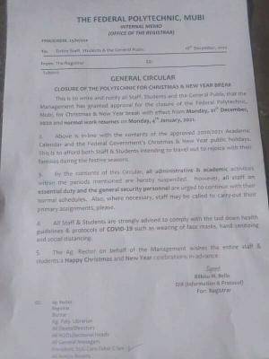 Federal polytechnic, Mubi notice on closure of the polytechnic for Christmas/New Year Break