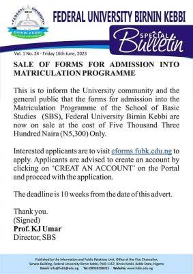 FUBK sales of forms for admission into Matriculation Programme