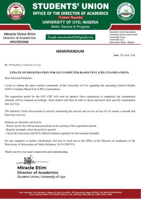 UNIUYO SUG update on GST CBT registration