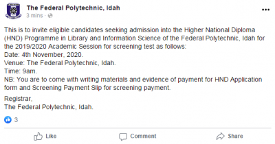 Idah Poly notice on HND screening for 2019/2020 session