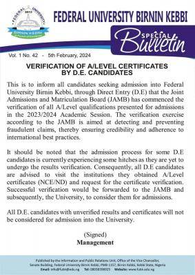 FUBK notice of verification of A/Level certificates by DE candidates