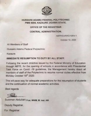Hussaini Adamu Polytechnic Issues Resumption Notice to Staff