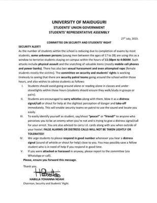 UNIMAID security alert to all students