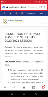 Bingham University resumption for newly admitted students for 2020/2021 session