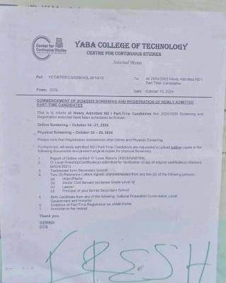 YABATECH notice on screening & registration for ND Part-time candidates, 2024/2025