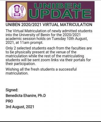 UNIBEN announces virtual matriculation for fresh students, 2020/2021 session
