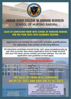 Jigawa State College of Nursing Sciences 2022/2023 admission