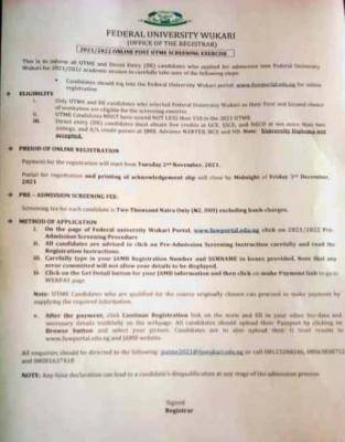 FUWukari Post-UTME/DE 2021: cut-off mark, eligibility and registration details